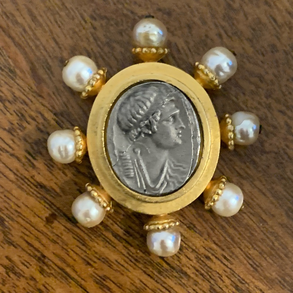 Vintage Linda Levinson Roman Coin Pearl Brooch